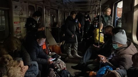 People shelter in a subway station in Kharkiv.