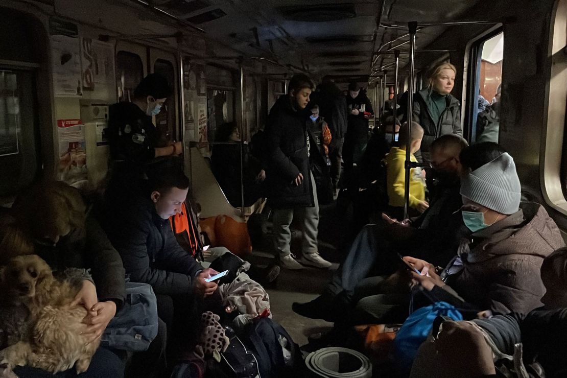 People shelter in a subway station in Kharkiv.