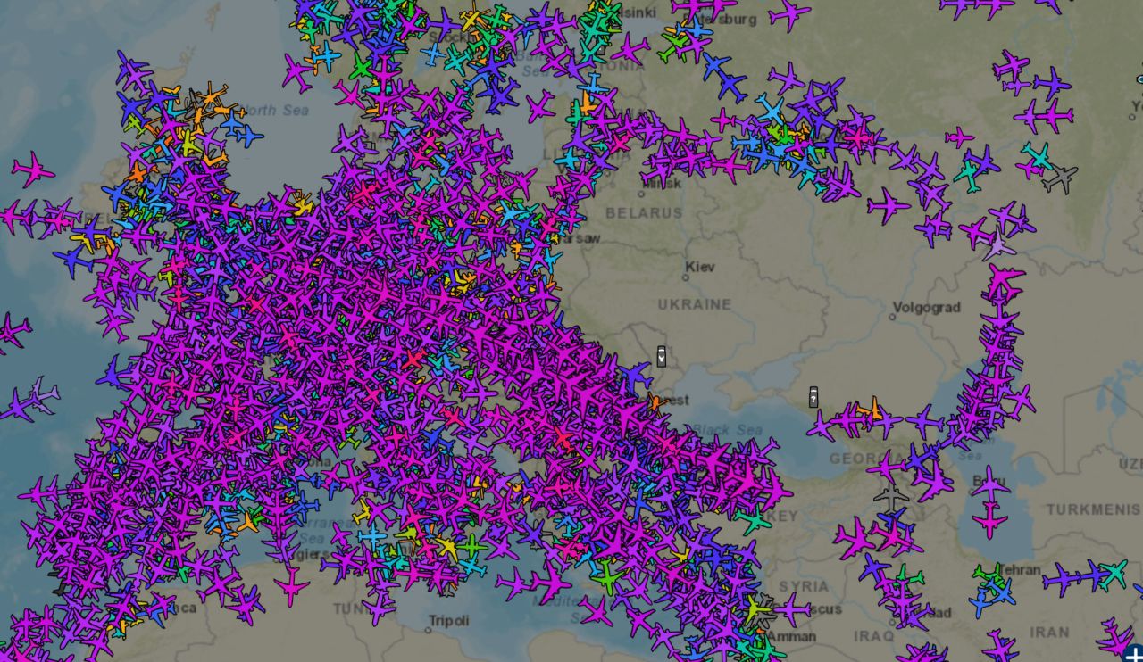 This image from ADSBexchange taken at 11:15 am ET on February 24 shows empty airspace over Ukraine and its border with Russia.