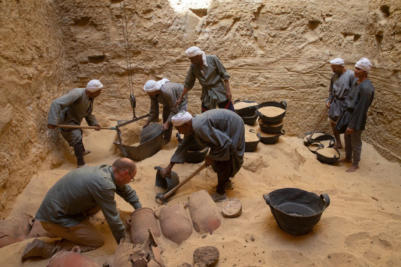 Egyptologists found a cache of embalming equipment, including 370 pottery storage jars, at the cemetery Abusir, near Cairo. 