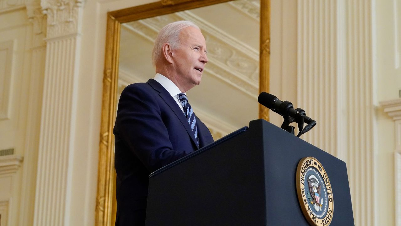 President Joe Biden speaks about the Russian invasion of Ukraine in the East Room of the White House, Thursday, Feb. 24, 2022, in Washington. (AP Photo/Alex Brandon)