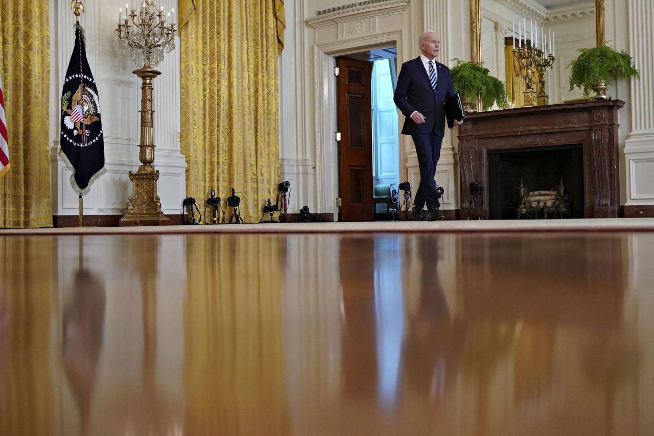 US President Joe Biden arrives in the East Room of the White House to <a href="https://www.cnn.com/2022/02/24/politics/joe-biden-ukraine-russia-sanctions/index.html" target="_blank">address the Russian invasion</a> on February 24. "Putin is the aggressor. Putin chose this war. And now he and his country will bear the consequences," Biden said, laying out a set of measures that will "impose severe cost on the Russian economy, both immediately and over time."