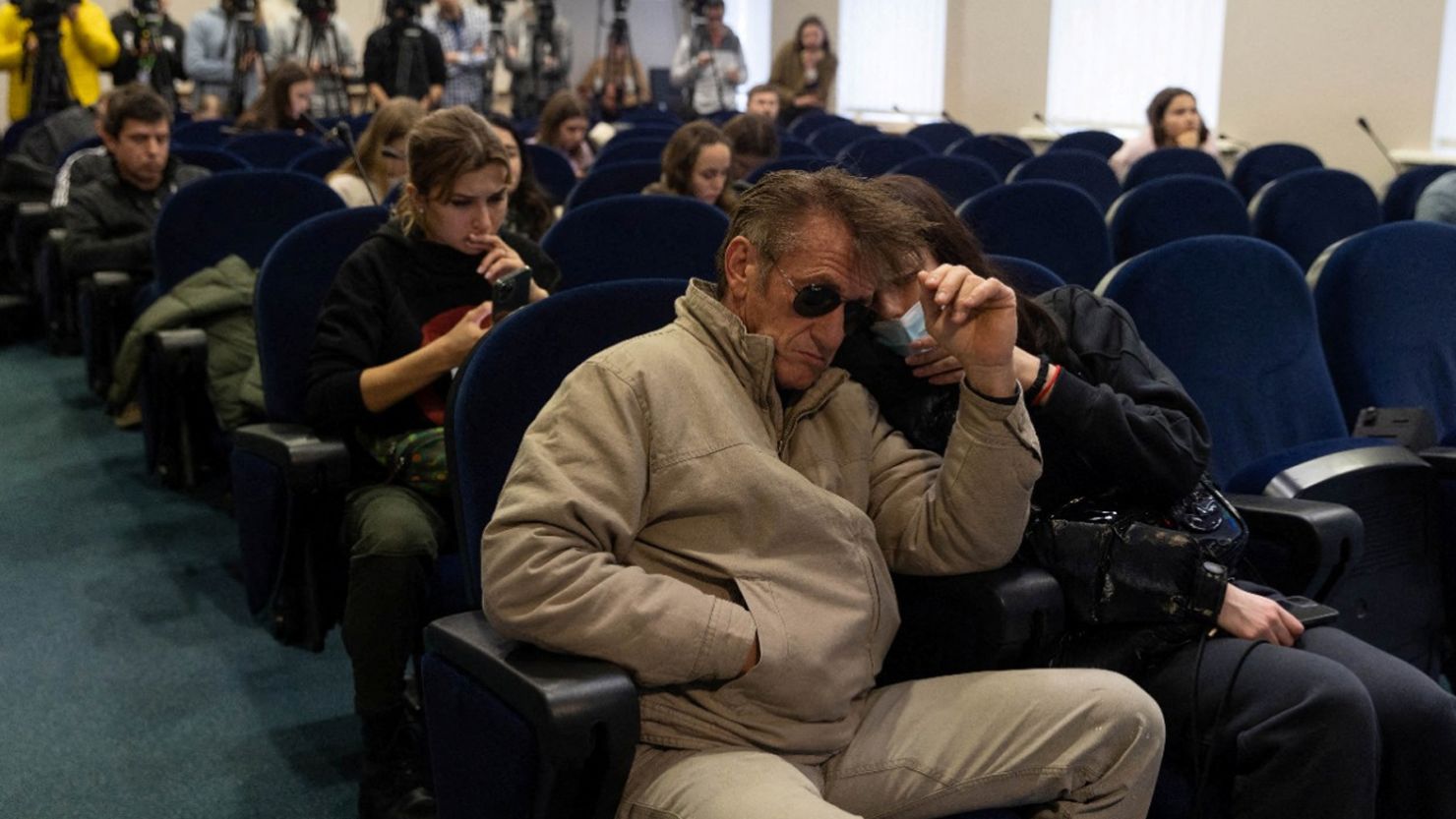Actor and director Sean Penn attends a press briefing at the Presidential Office in Kyiv, Ukraine on Feb 24. He was in the country to film a documentary but has since left.
