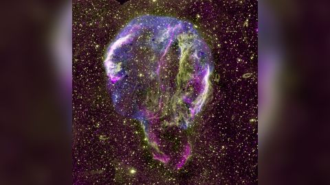 A composition radio (purple), UV (yellow) and X-ray (blue) image of the Cygnus loop supernova remnant in the Milky Way is shown. 