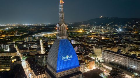 Eurovision Song Contest logo projected on the Mole Antonelliana in January 2022 in Turin, Italy, where the next competition is set to take place. 