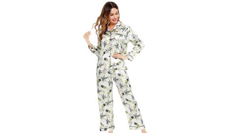 Swomog Womens Silk Satin Pajamas Loungewear Two-piece Sleepwear Set