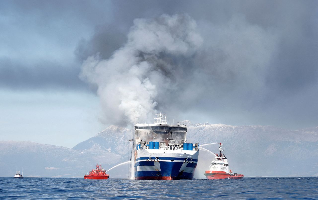 Firefighters work to extinguish the flames coming from the <a href="https://www.cnn.com/2022/02/19/europe/greece-ferry-fire-intl/index.html" target="_blank">Italian-flagged Euroferry Olympia</a> off the coast of Corfu, Greece, on Saturday, February 19. The ferry was sailing from Greece to Italy early on Friday when it caught fire. The cause of the blaze is being investigated.