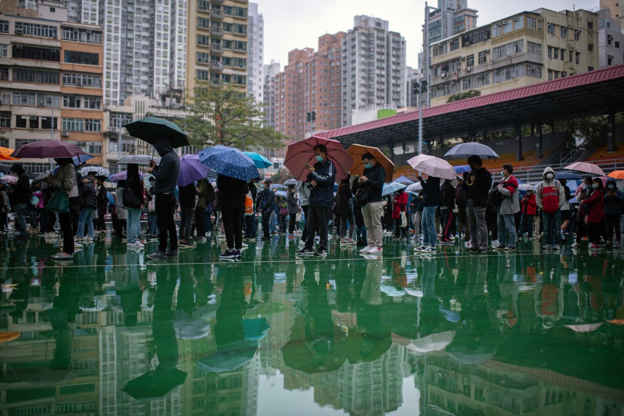 Residents line up at a Covid-19 testing site in Hong Kong on Thursday, February 17. Hong Kong, along with mainland China, is one of the few places in the world still pursuing a <a href="https://www.cnn.com/2022/01/04/asia/hong-kong-covid-omicron-quarantine-intl-hnk/index.html" target="_blank">zero-Covid policy.</a>
