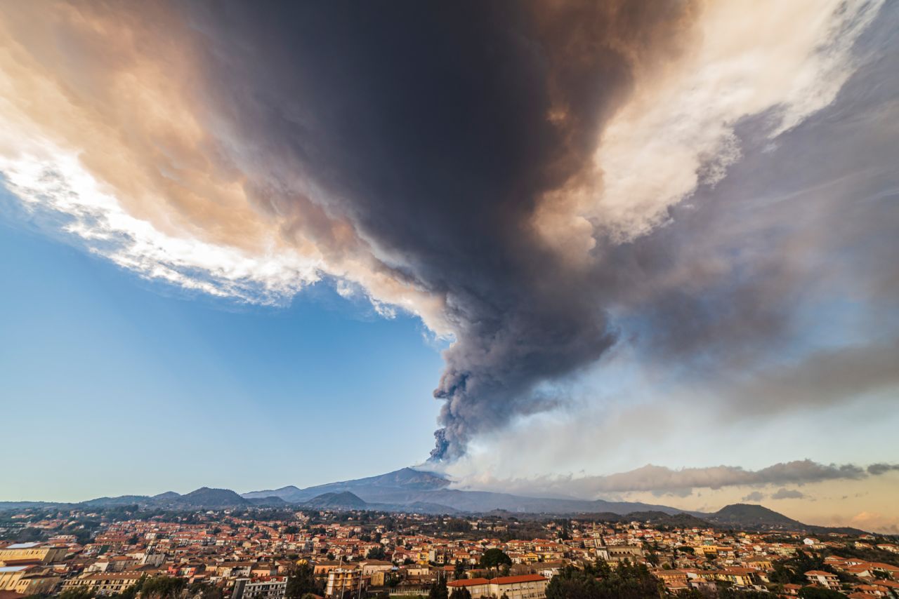 Volcanic ashes rising from the <a href="https://www.cnn.com/videos/world/2022/02/22/mount-etna-italy-volcano-eruption-lon-orig-mrg.cnn-reuters" target="_blank">Mt. Etna volcano</a> are seen from Pedara, Italy, on Monday, February 21. Mt. Etna is Europe's highest and most active volcano.