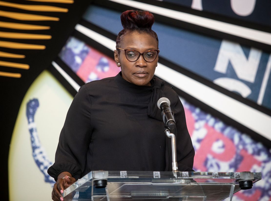 Wanda Cooper-Jones, Arbery's mother, addresses attendees at the National Center for Civil and Human Rights on February 23, 2022, in downtown Atlanta -- 2 years after her son was killed.