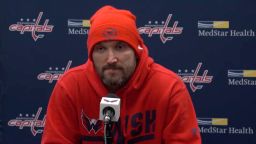 Alex Ovechkin of the Washington Capitals speaks at a news conference about the Russian invasion of Ukraine.
