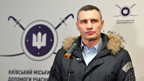 Kyiv mayor Vitali Klitschko speaks during a visit to a volunteers recruitment center in Kyiv on February 2, 2022.