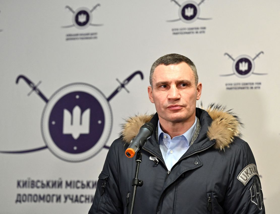 Kyiv mayor Vitali Klitschko speaks during a visit to a volunteers recruitment center in Kyiv on February 2, 2022.