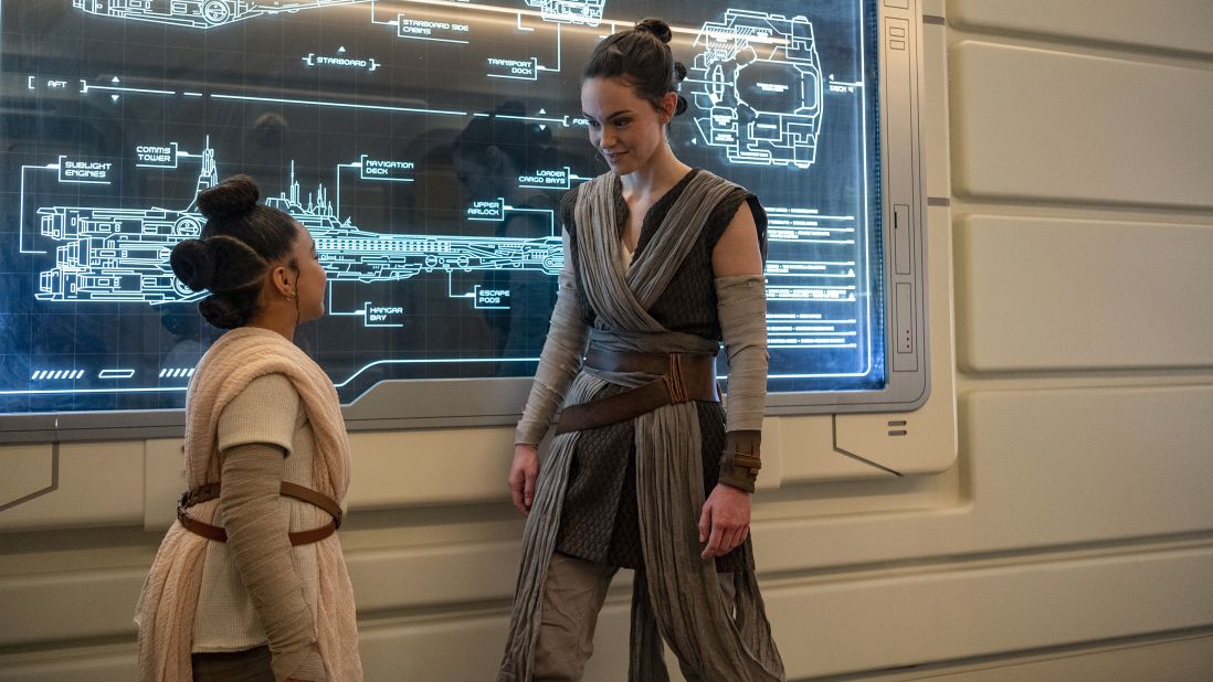 Rey makes an appearance on the ship to seek aid for the Resistance from passengers.