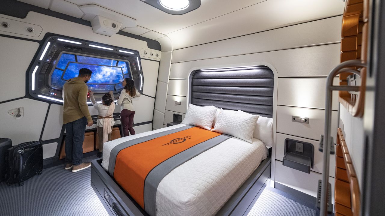 A standard Halcyon cabin includes a queen bed, two bunk beds and one that pulls down from the wall -- and a well-appointed view of space.