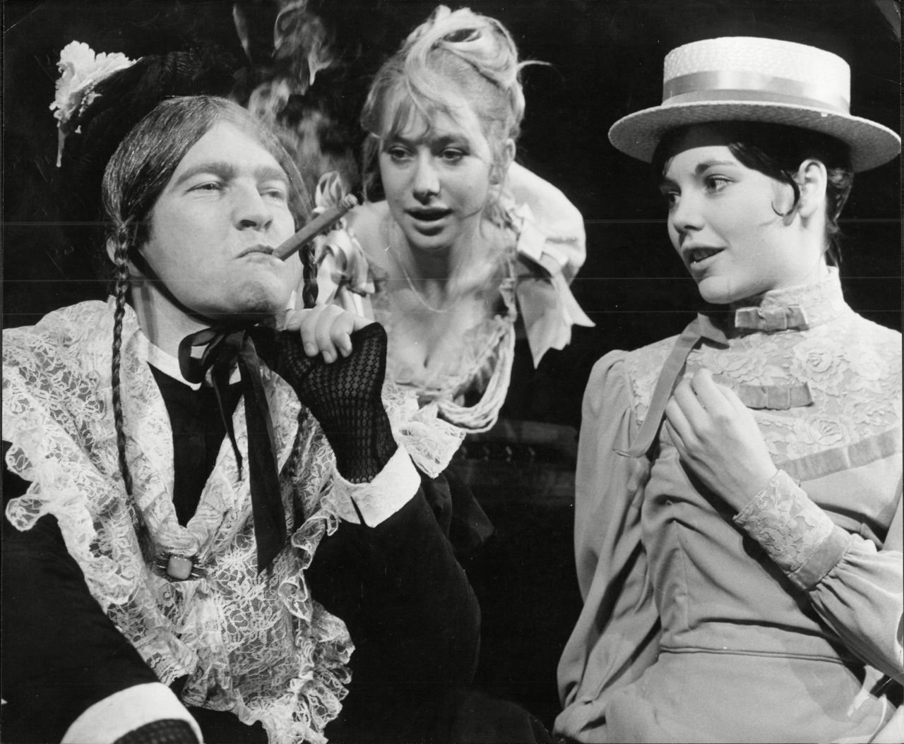 Mirren, center, appears in the play "Charley's Aunt" alongside Tom Courteney, left, and Lucy Fleming at the Century Theatre in Manchester in 1966.