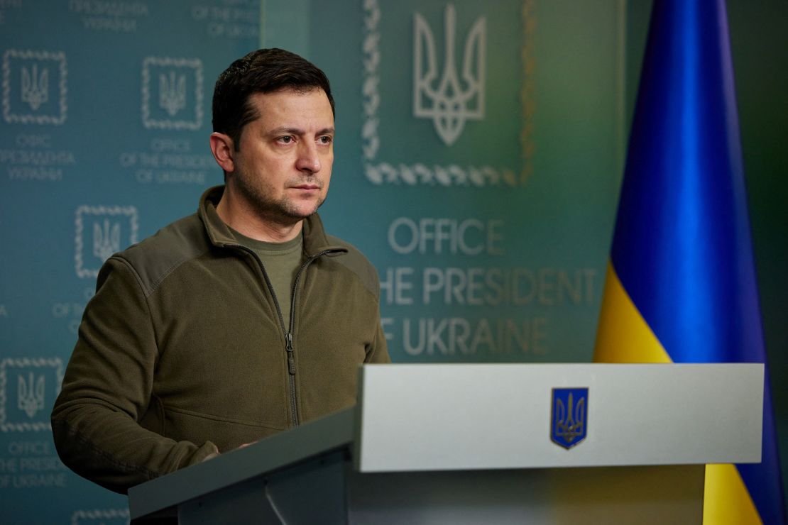 Ukrainian President Volodymyr Zelenskiy makes a statement in Kyiv on Friday.