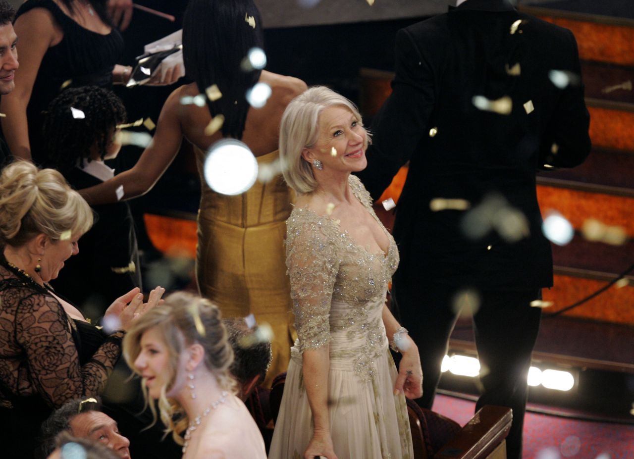 Mirren looks on as confetti falls in the Kodak Theatre after the 2007 Academy Awards. She received the Oscar for best actress for her work in "The Queen."