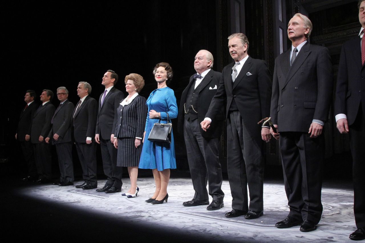 Mirren and the cast of "The Audience" stand during curtain call on opening night of the show on Broadway in 2015. She won a Tony award for her performance that year.