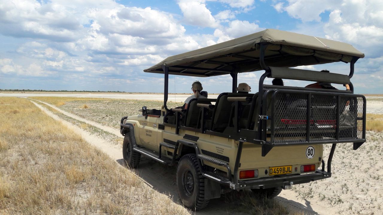 <strong>Across the savannah: </strong>Mungomba drives safary guest across a savannah landscape sapped of all moisture ahead of seasonal rains. Along the way, Kangaroo-like Springhares, cute bat-eared foxes, regal gemsbok and tough Kalahari lions are all encountered.