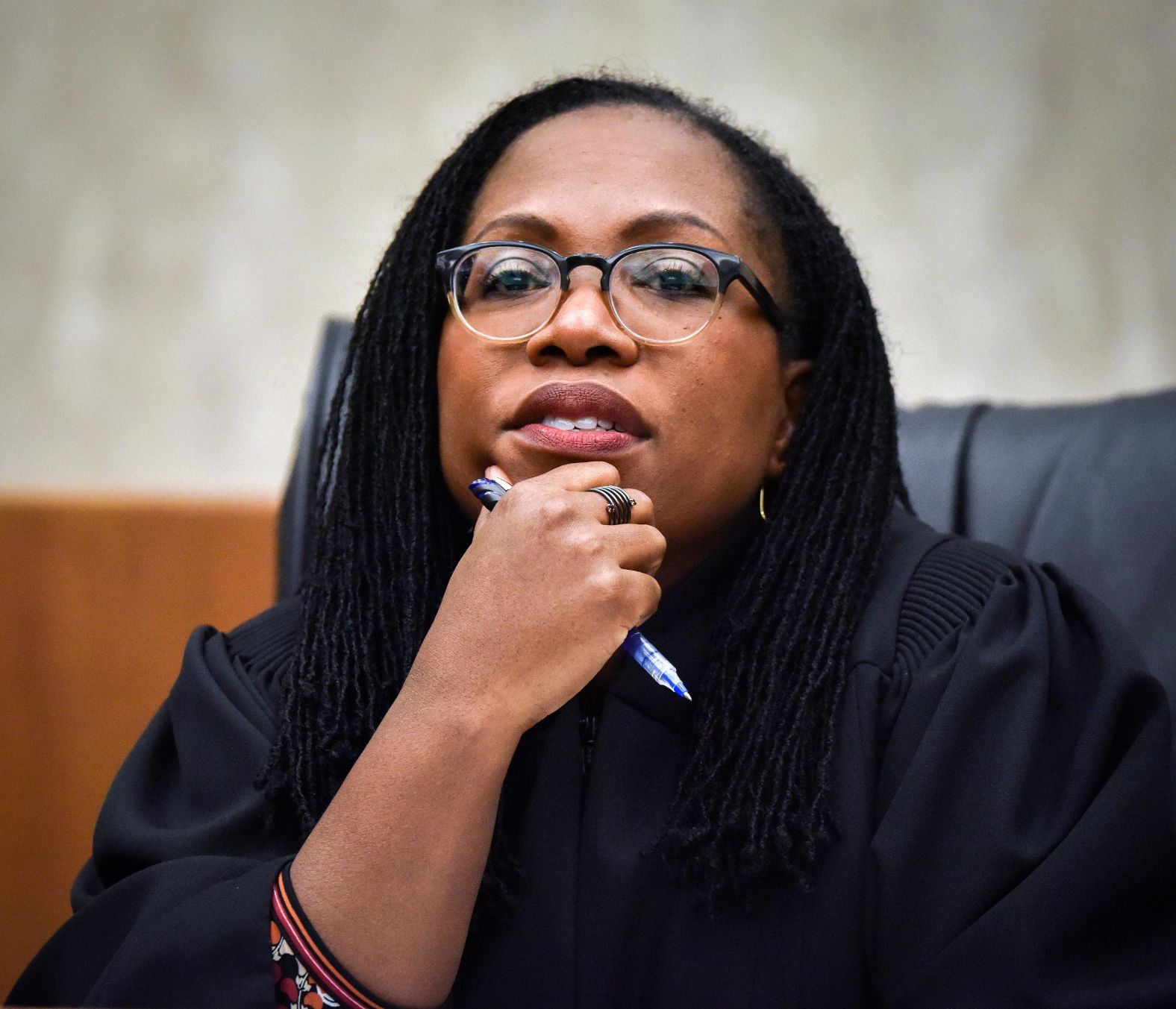 Jackson listens to arguments as local high school students observe a reenactment of a landmark Supreme Court case in 2019 at the US Court of Appeals in Washington, DC.