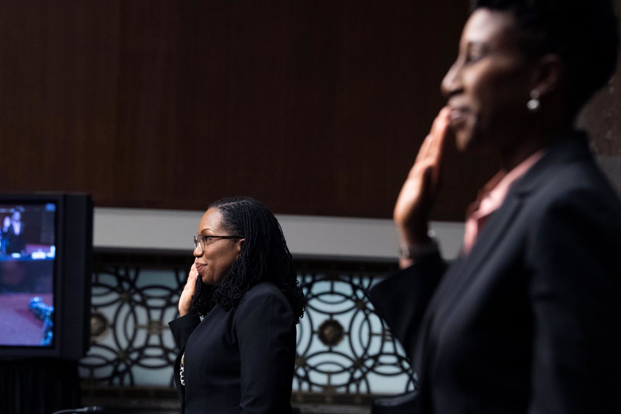 Jackson, left, and Candace Jackson-Akiwumi are sworn in during their Senate Judiciary Committee confirmation hearing in the Dirksen Senate Office Building in Washington, DC, in April 2021. Jackson was nominated to be US Circuit Judge for the District of Columbia Circuit and Jackson-Akiwumi was nominated to be US Circuit Judge for the Seventh Circuit.