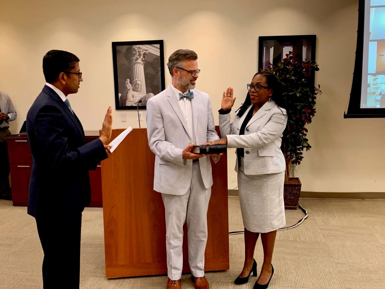 Jackson is sworn in by Chief Judge of the United States Court of Appeals Sri Srinivasan in 2021. She is with her husband, Patrick.