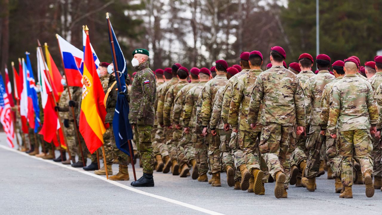 Soldiers of an airborne brigade of the US Army are seen at the Adazi Military Base of the Latvian armed forces in Adazi,