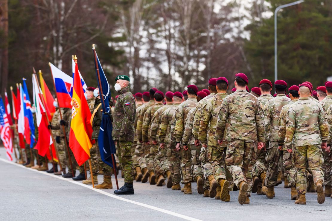 Soldiers of a US Army airborne brigade are seen at the Adazi Military Base of the Latvian armed forces in Adazi, Latvia on February 25.