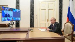 MOSCOW, RUSSIA  FEBRUARY 25, 2022: Russia's President Putin is seen in his office in the Kremlin during a videoconference meeting of permanent members of Russia's Security Council. Alexei Nikolsky/Russian Presidential Press and Information Office/TASS (Photo by Alexei Nikolsky\TASS via Getty Images)