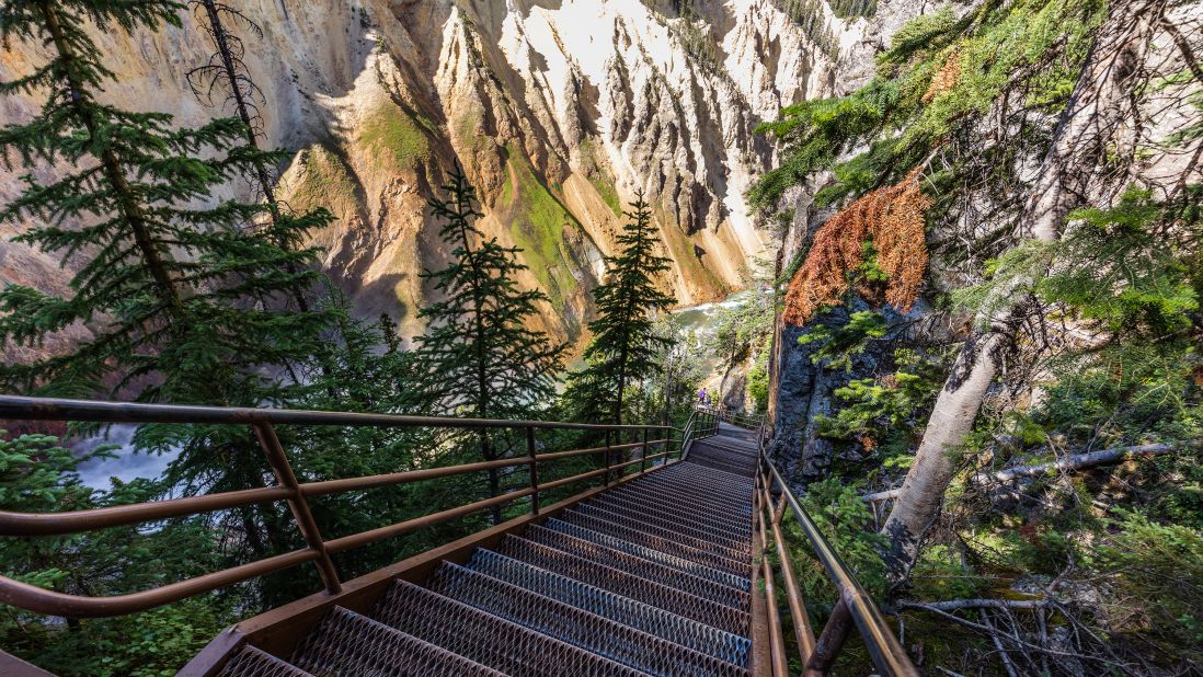 <strong>Grand Canyon of the Yellowstone:</strong> You might want to hit the StairMaster before coming here. Steps -- many, many steps -- lead down to the bottom of a gorge in the Grand Canyon of the Yellowstone.