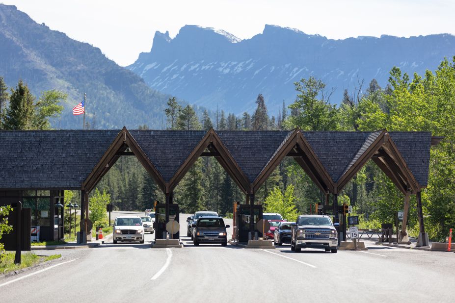 <strong>Gateway to adventure: </strong>Cars come through the East Entrance of Yellowstone. The park set record attendance in 2021, and the line to enter can feel like a city traffic jam sometimes. Consider coming during off-peak dates for a less crowded experience.