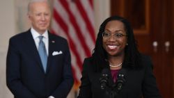 Judge Ketanji Brown Jackson, with President Joe Biden, speaks after she was nominated for Associate Justice of the US Supreme Court, in the Cross Hall of the White House in Washington, DC, February 25, 2022.