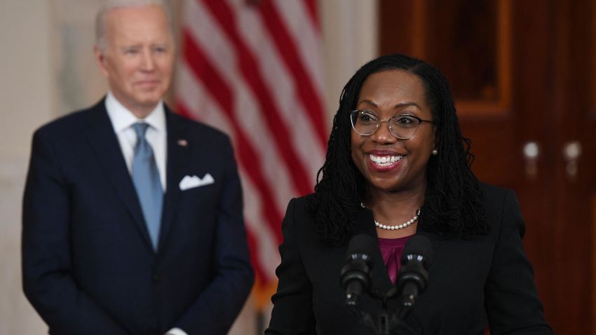 Judge Ketanji Brown Jackson, with President Joe Biden, speaks after she was nominated for Associate Justice of the US Supreme Court, in the Cross Hall of the White House in Washington, DC, February 25, 2022. 
