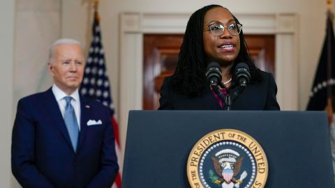 Judge Ketanji Brown Jackson speaks after President Joe Biden announced Jackson as his nominee to the Supreme Court in the Cross Hall of the White House on Friday in Washington.