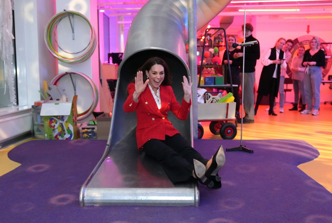 The Duchess of Cambridge uses a slide during a visit to the LEGO Foundation PlayLab on February 22 in Copenhagen, Denmark. 