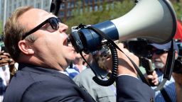 (Cleveland, OH, 07/19/16) Alex Jones yells through a megaphone during demonstrations at Cleveland's Central Square during the Republican National Convention in Cleveland, Ohio on Tuesday, July 19, 2016. Staff photo by Christopher Evans (Photo by Christopher Evans/MediaNews Group/Boston Herald via Getty Images)