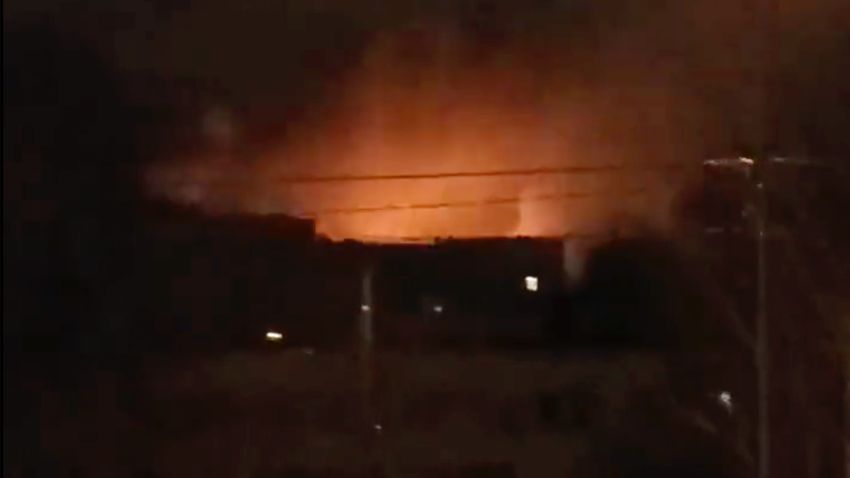 A frame taken from a video shared on Twitter shows explosions purportedly taken near the Kyiv Zoon.
