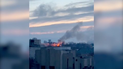 A fire in western Kyiv at dawn on Saturday.