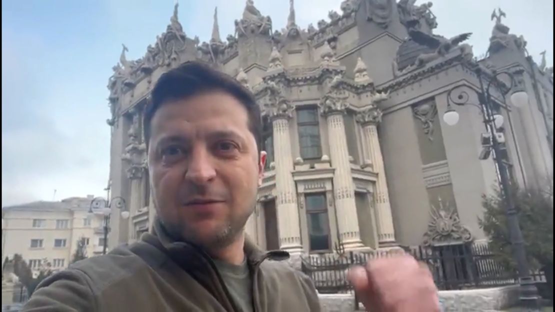 Ukrainian President Volodymyr Zelensky has posted videos from the capital, vowing to defend his country.