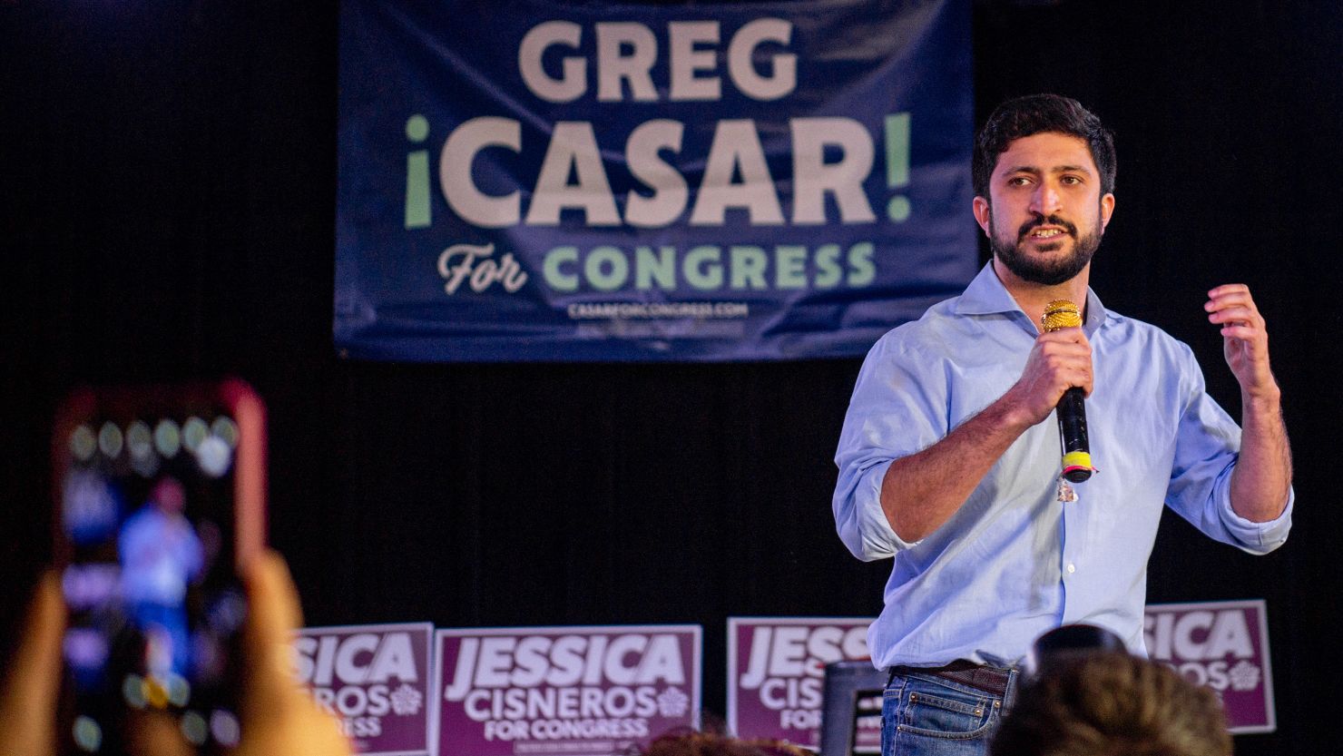 Greg Casar, a Democrat running for Texas' 35th Congressional District, speaks during a get-out-the-vote rally in San Antonio on February 12, 2022.
