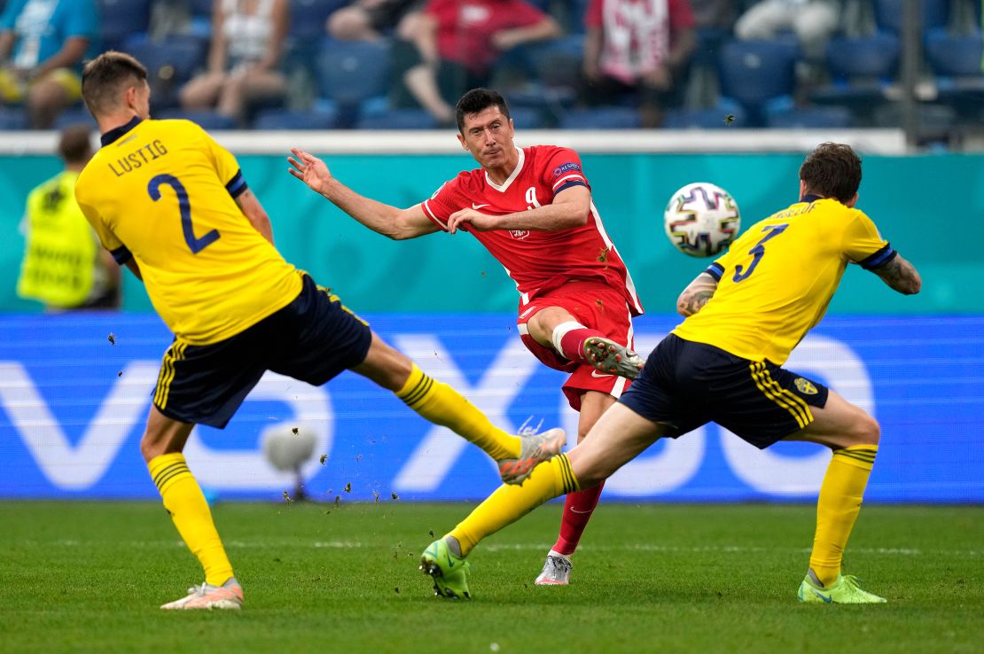 Lewandowski scores against Sweden in their Euro 2020 clash.
