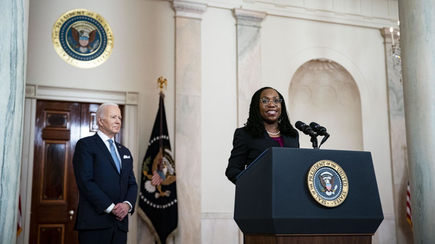 US Supreme Court nominee Ketanji Brown Jackson speaks during an announcement ceremony at the White House with President Joe Biden on February 25, 2022.