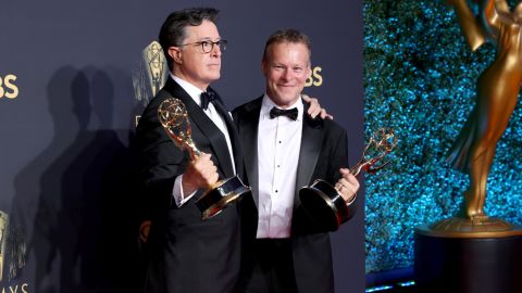 Stephen Colbert and Chris Licht pose in the press room during the 73rd Primetime Emmy Awards on September 19, 2021 in Los Angeles.