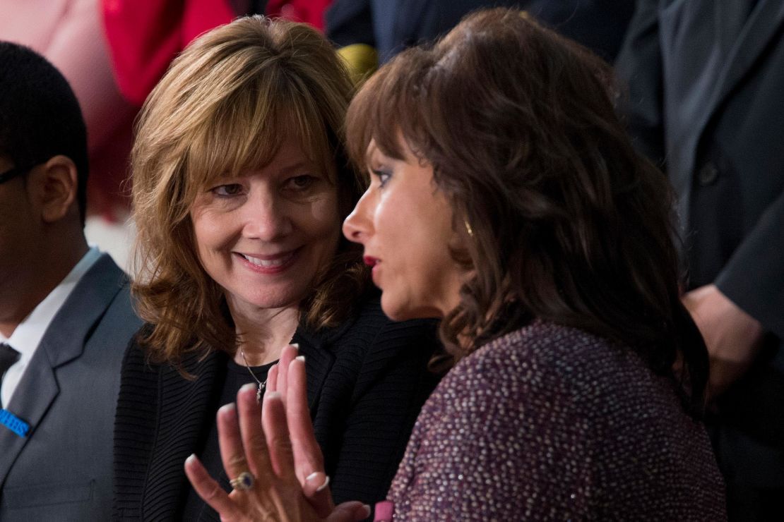 Mary Barra, chief executive officer of General Motors Co. center, speaks to Andra Rush, president, founder and chief executive officer of Rush Trucking Inc., before U.S. President Barack Obama, not pictured, delivers the State of the Union address to a joint session of Congress on January 28, 2014.