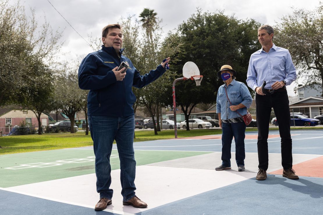 Rep. Vicente Gonzalez, who represents the 15th District and is a candidate for the redrawn 34th District, speaks alongside gubernatorial candidate Beto O'Rourke during a blockwalk kickoff event at Garfield Park in Brownsville, Texas.