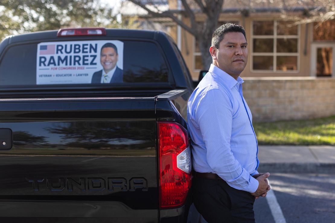 Democrat Ruben Ramirez, who's running for the 15th District and is seen here outside the Lark Community Center early voting polling location in McAllen, says Democrats must do a better job explaining how their agenda would "break the bonds of poverty" for South Texas families. 