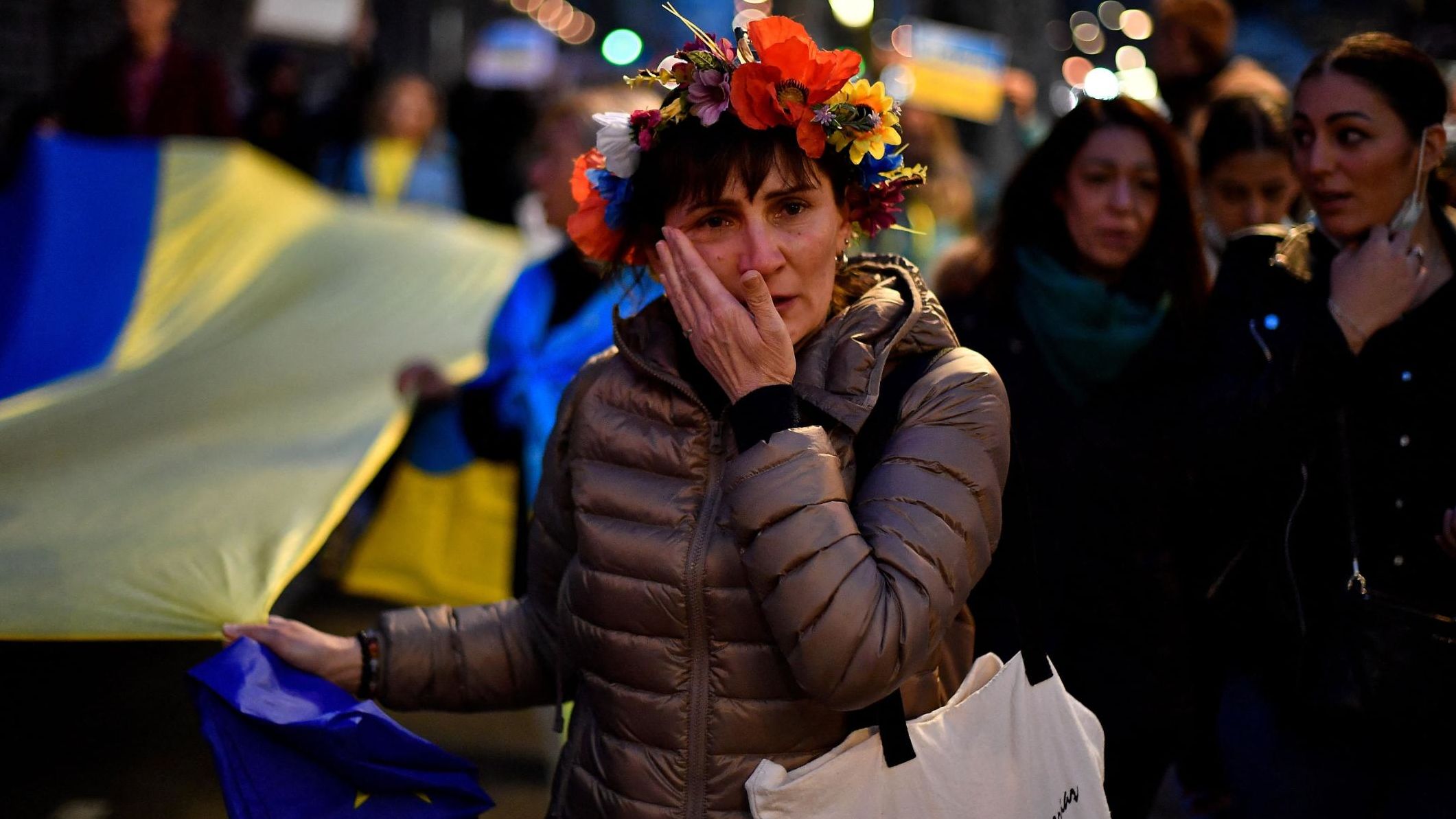 A demonstrator in Barcelona, Spain, cries during a protest on February 24.