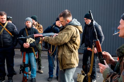 Members of the Territorial Defense Force — Ukraine's military reserve — prepare to defend Kyiv on February 26.