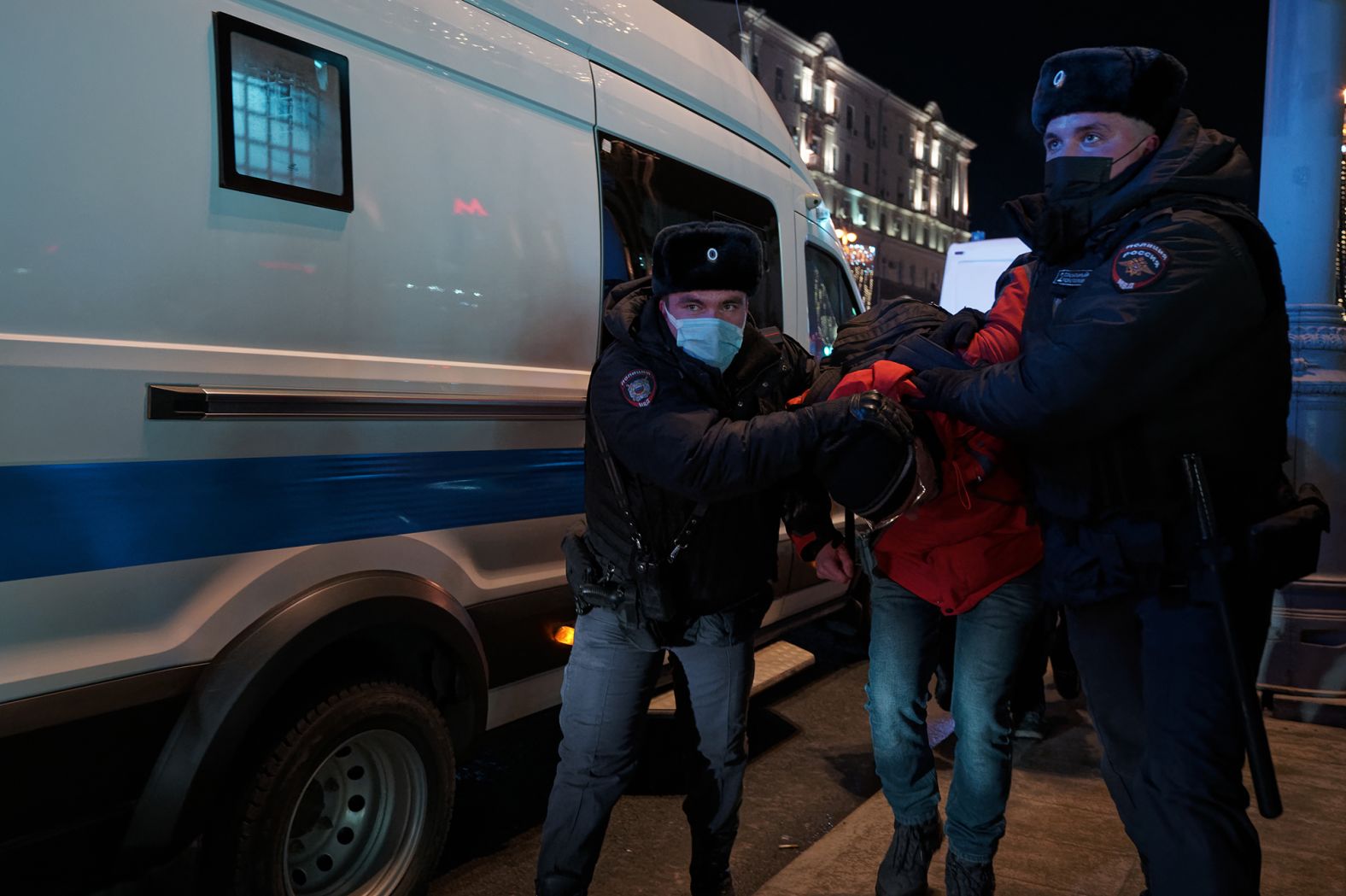 A demonstrator against the invasion is led away by police in Moscow on February 24. Hundreds of protesters in Russia <a  target="_blank">have been detained in anti-war protests,</a> independent protest monitoring site OVD-Info said. Russia's Investigative Committee warned that participation in any anti-war protest was illegal. It also said that offenses could be entered on participants' criminal records which would "leave a mark on the person's future."